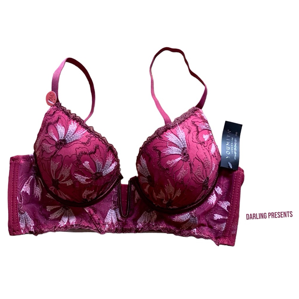 Youmita Balconette Longline Lace Floral Bra Women Color Burgundy Size 34B